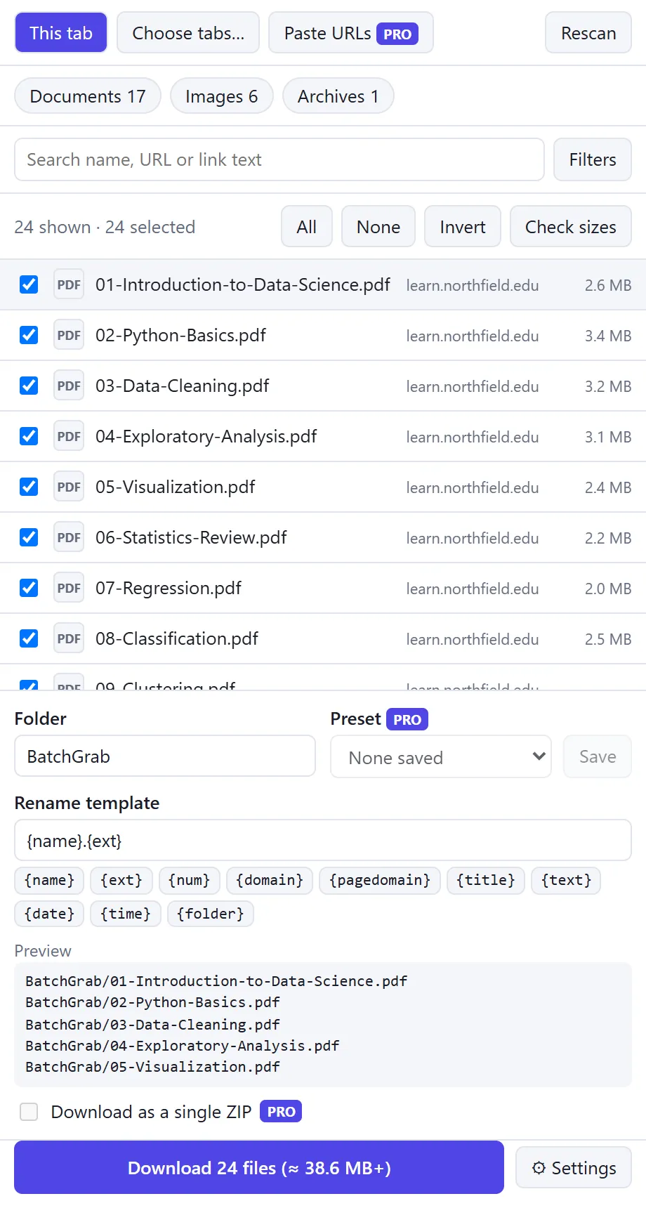 BatchGrab's side panel on a course page: 24 files found, grouped as Documents 17, Images 6 and Archives 1, each with a checkbox, name, site and size.