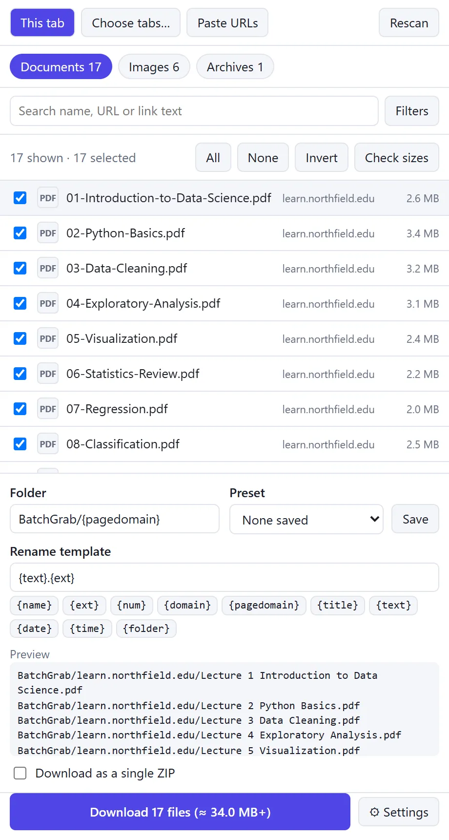 BatchGrab's output panel: a folder name, a rename template with token buttons and a live preview of the final file names.