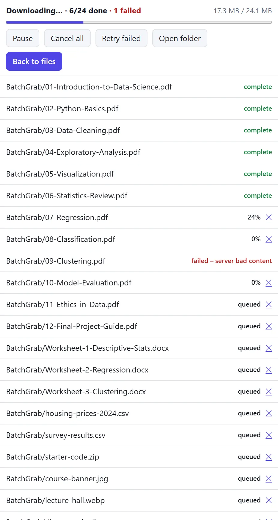 BatchGrab's queue: 6 of 24 files done and 1 failed, with Pause, Cancel all, Retry failed and Open folder buttons and a status for each file.