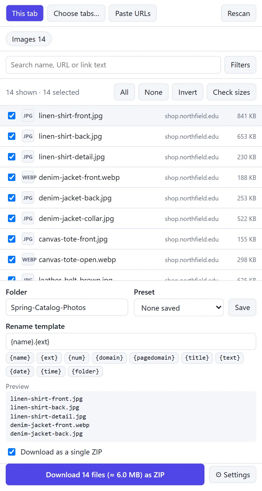 BatchGrab with the Download as a single ZIP option ticked.