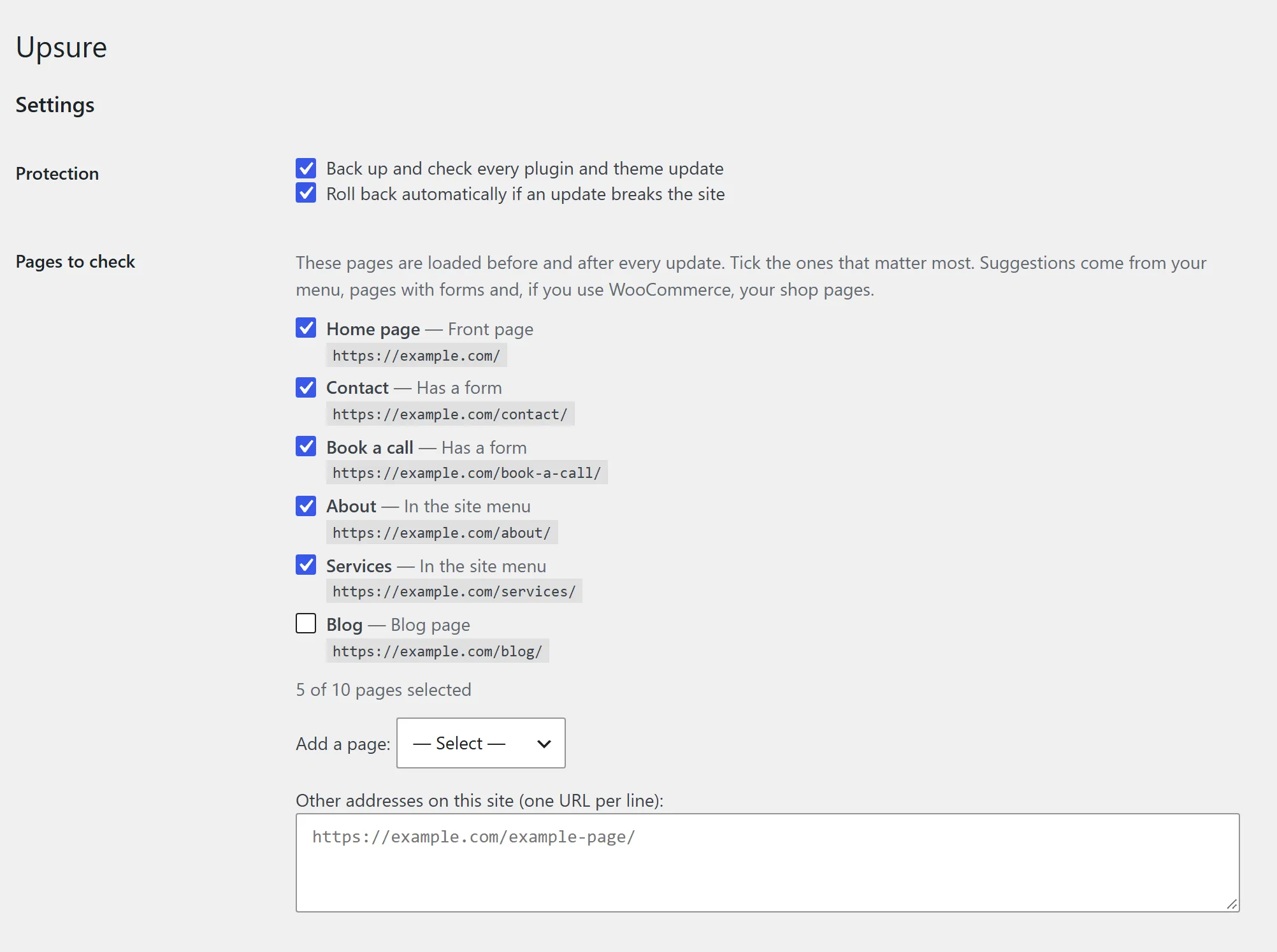 Upsure settings: protection switches and a list of suggested pages to check, such as the home page, contact and about pages.